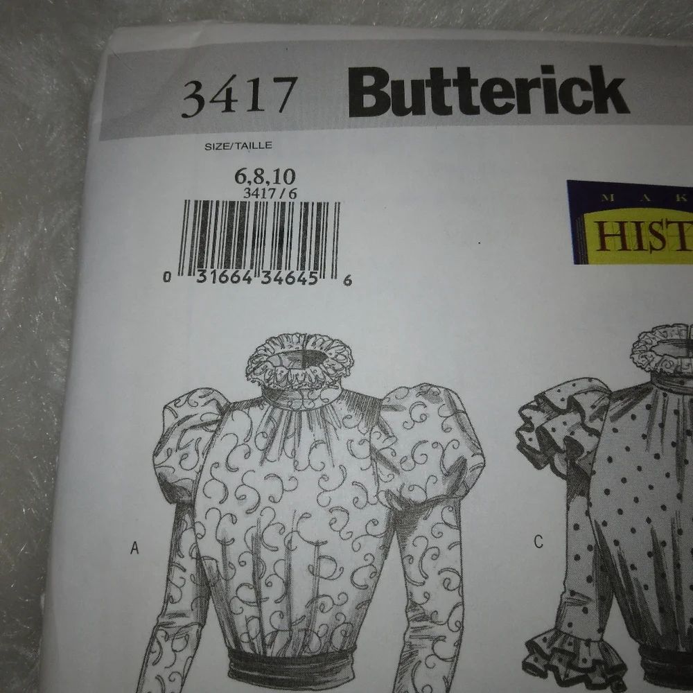 BUTTERICK 3417 Sz 6-10 Making History Blouse in 3 variations, Sash, coll